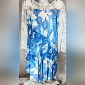 Ralph Lauren Silk Tiered Ruffles Max Skirt White Royal Blue
